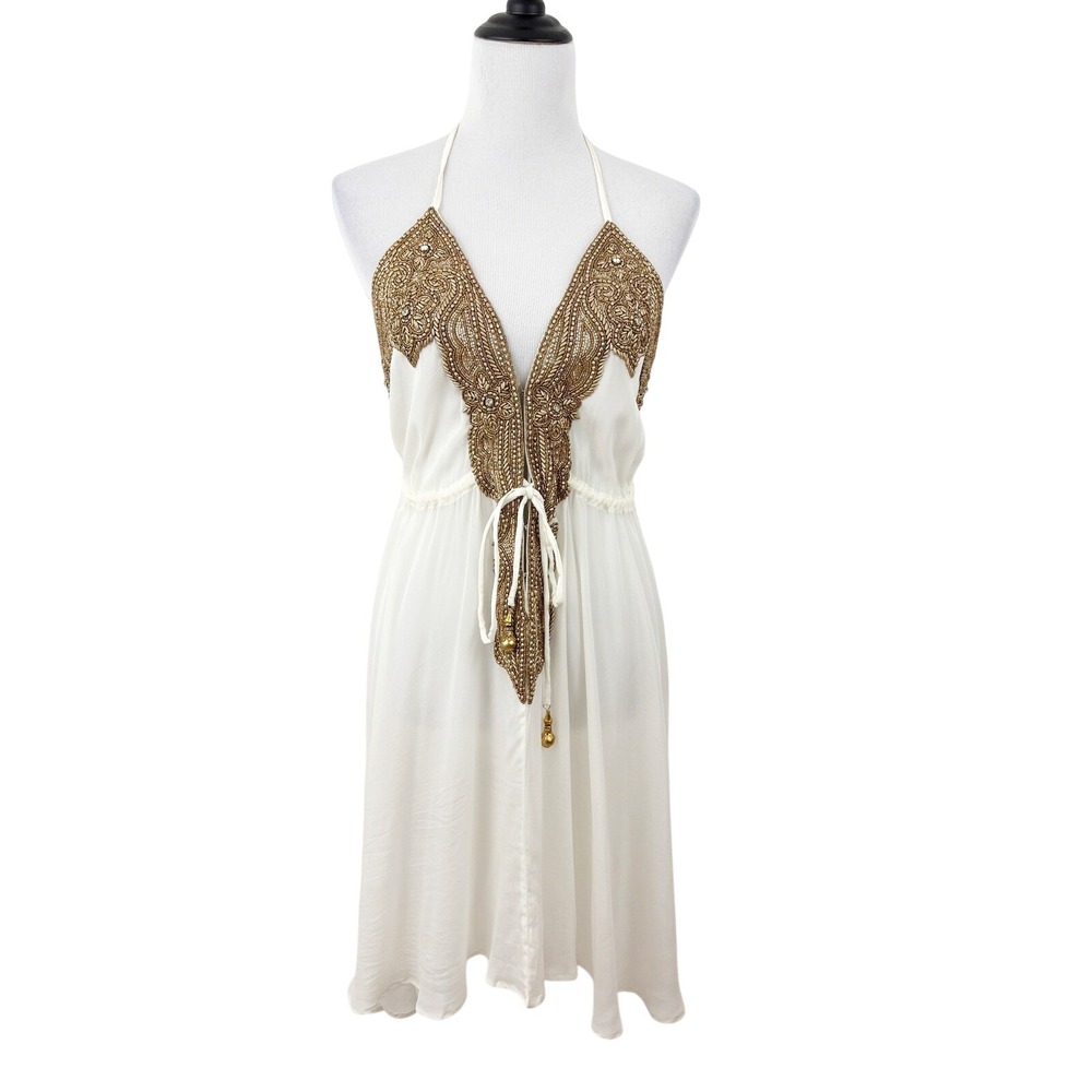 NWT Manish Vaid Embellished Dress One Size White Gold Halter Open Back Resort